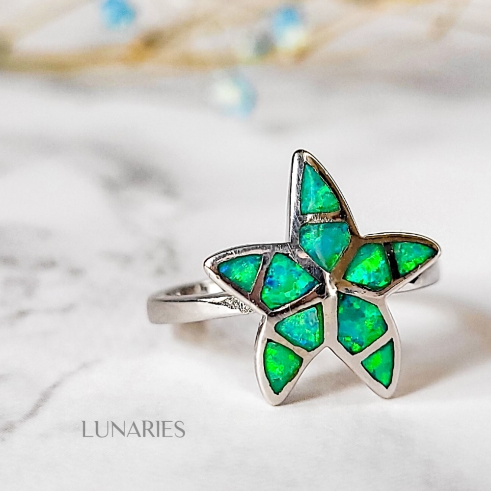 925 Sterling Silver Star Ring with Green Fire Opal Inlay, Size 9